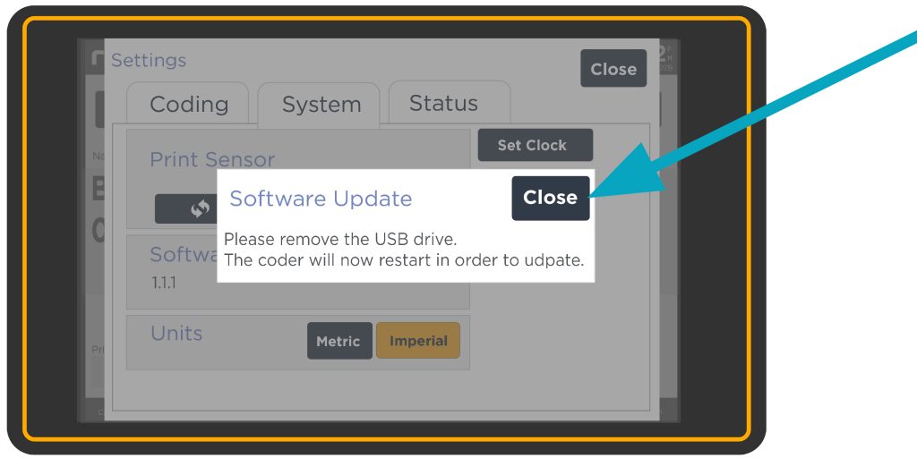 Software update complete screen on Redimark TC12 touchscreen